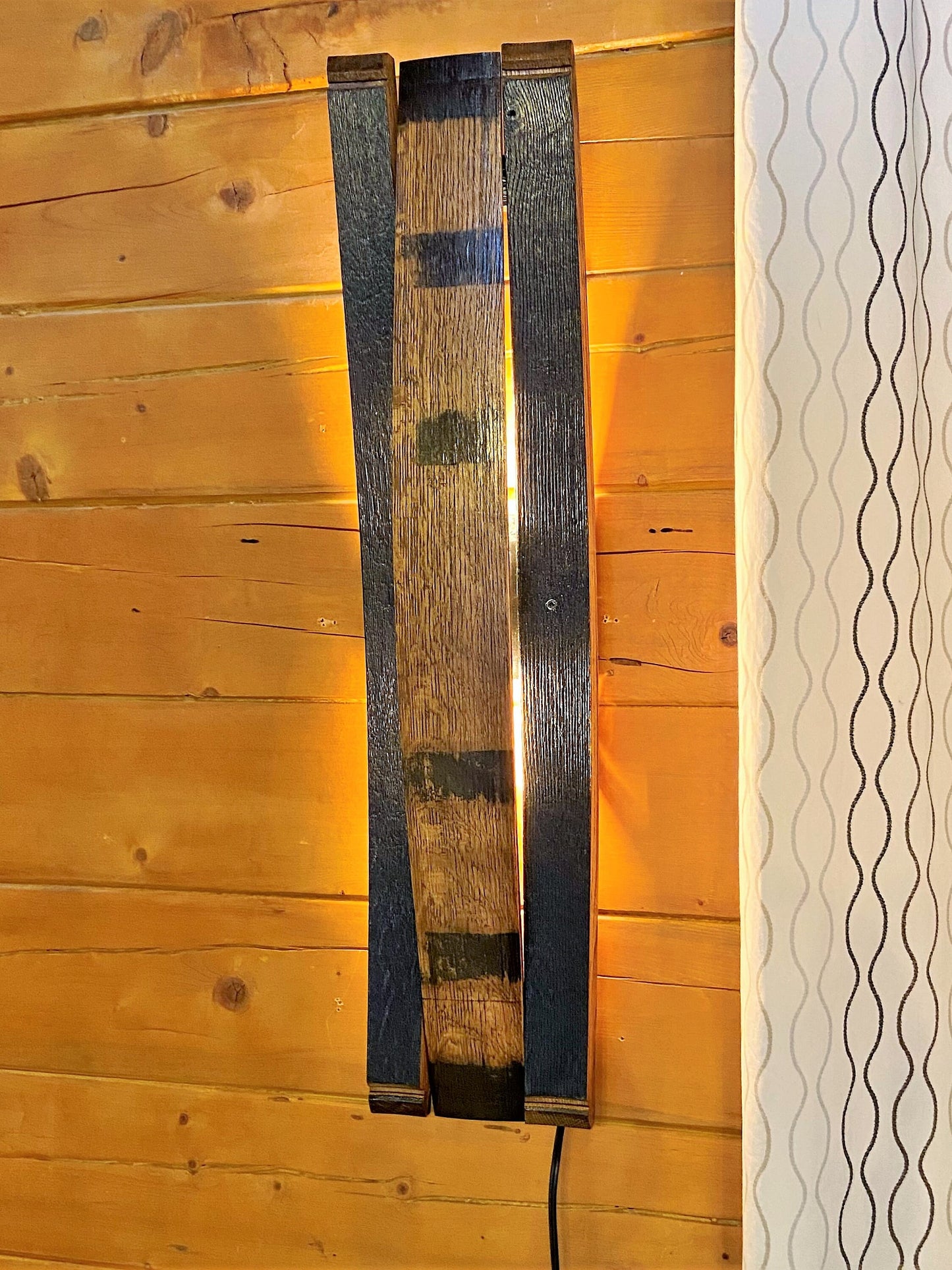 Whiskey barrel stave sconce, rustic lighting for bar room decor, bourbon lovers illuminated wall art perfect for speakeasy or cigar room