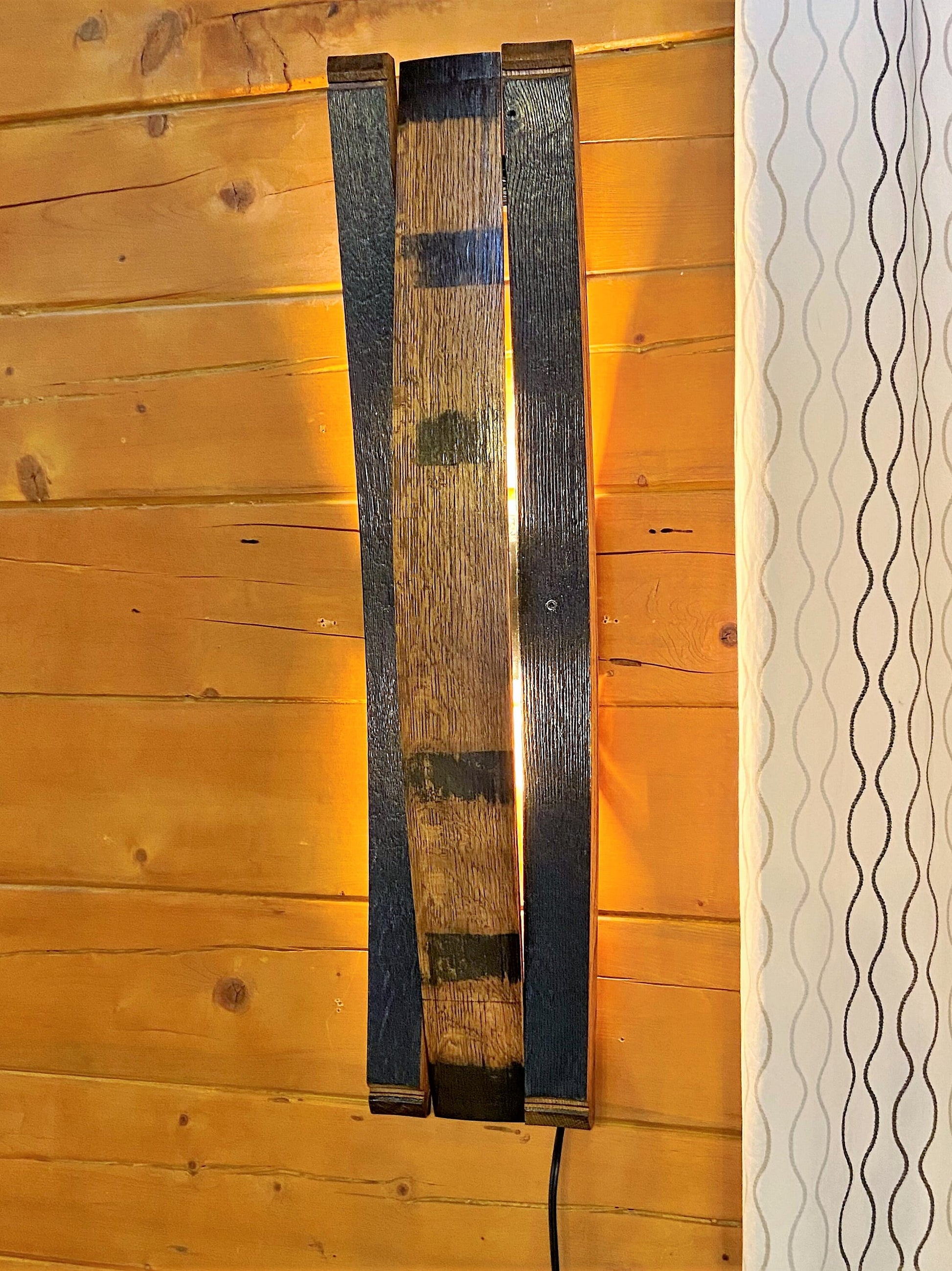 Whiskey barrel stave sconce, rustic lighting for bar room decor, bourbon lovers illuminated wall art perfect for speakeasy or cigar room