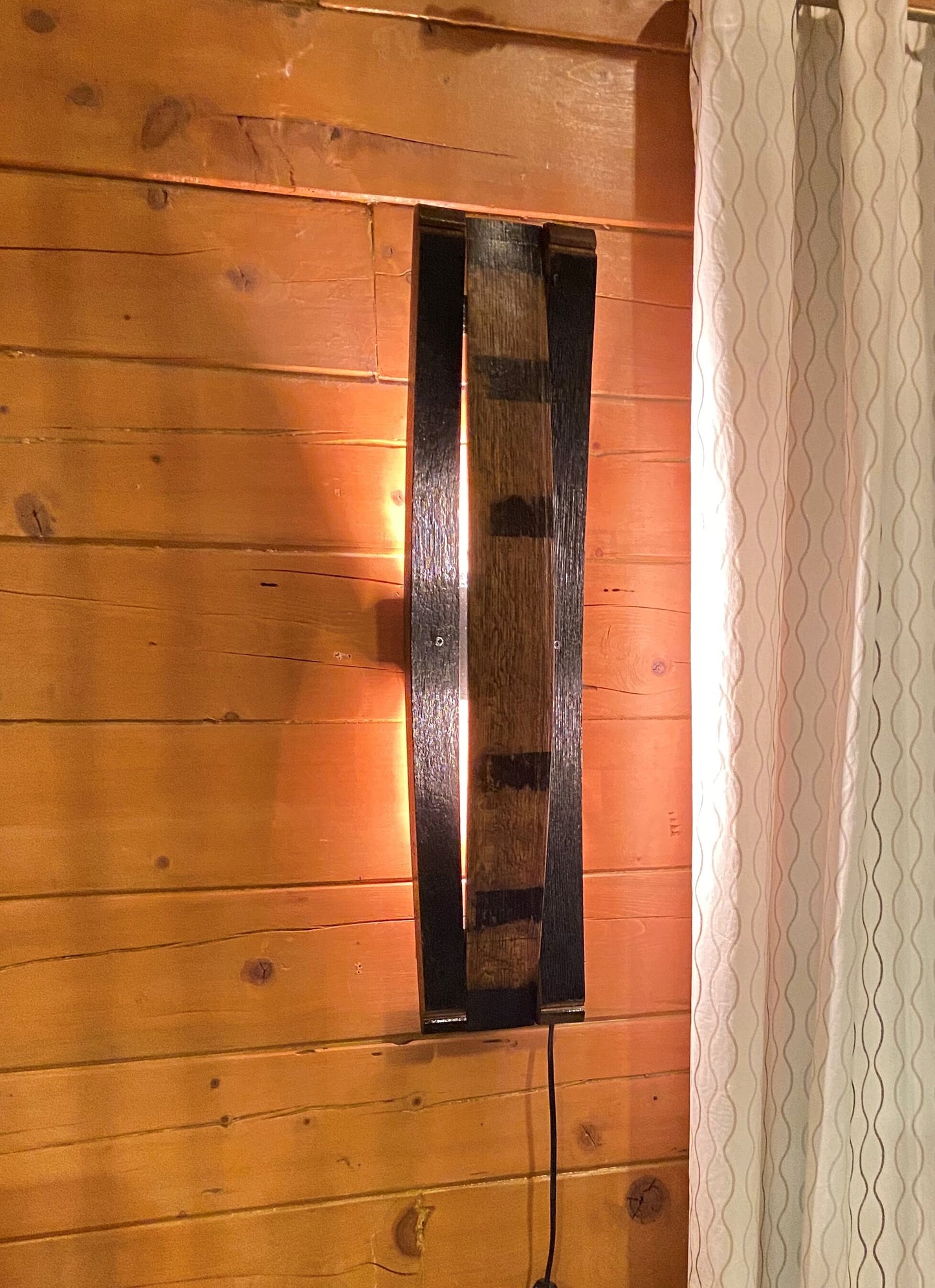 Whiskey barrel stave sconce, rustic lighting for bar room decor, bourbon lovers illuminated wall art perfect for speakeasy or cigar room