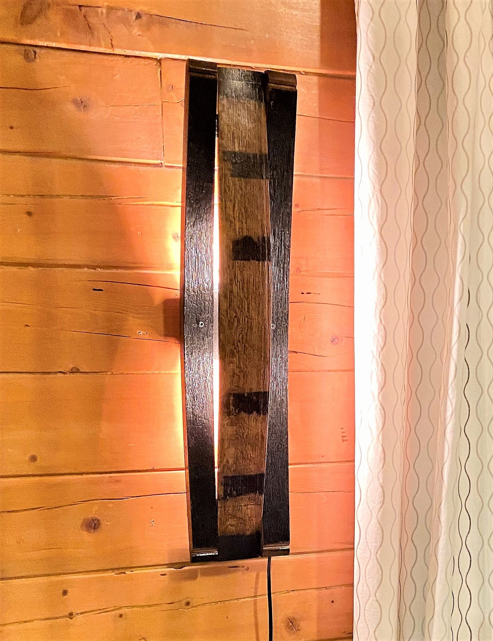Whiskey barrel stave sconce, rustic lighting for bar room decor, bourbon lovers illuminated wall art perfect for speakeasy or cigar room