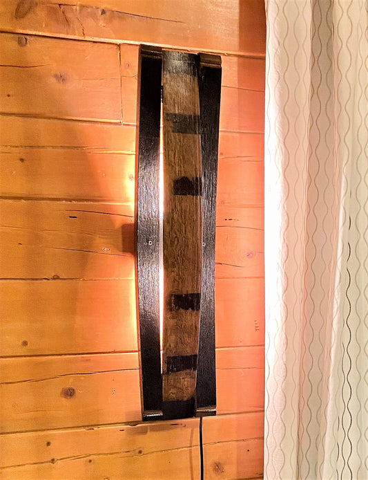 Whiskey barrel stave sconce, rustic lighting for bar room decor, bourbon lovers illuminated wall art perfect for speakeasy or cigar room