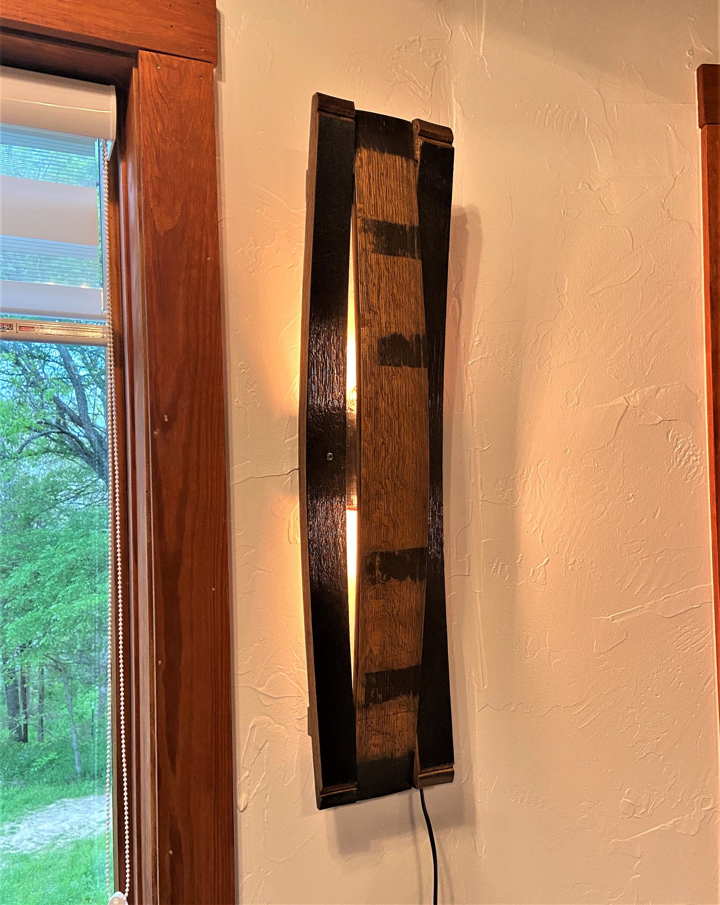 Whiskey barrel stave sconce, rustic lighting for bar room decor, bourbon lovers illuminated wall art perfect for speakeasy or cigar room