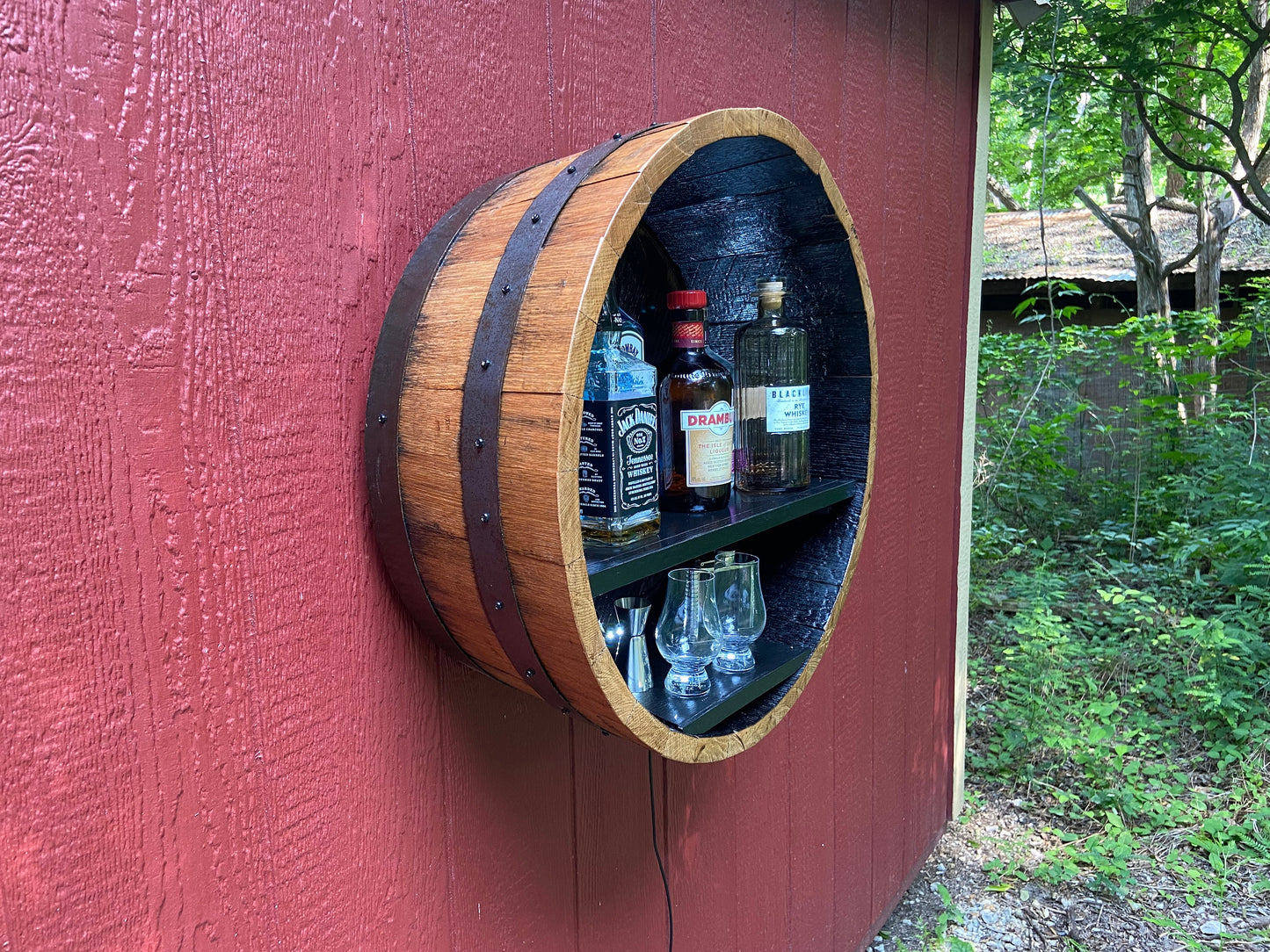 Whiskey Barrel Liquor Display to Showcase your collection, Rustic Elegance from Illuminated Handcrafted Cabinet using Genuine Bourbon barrel