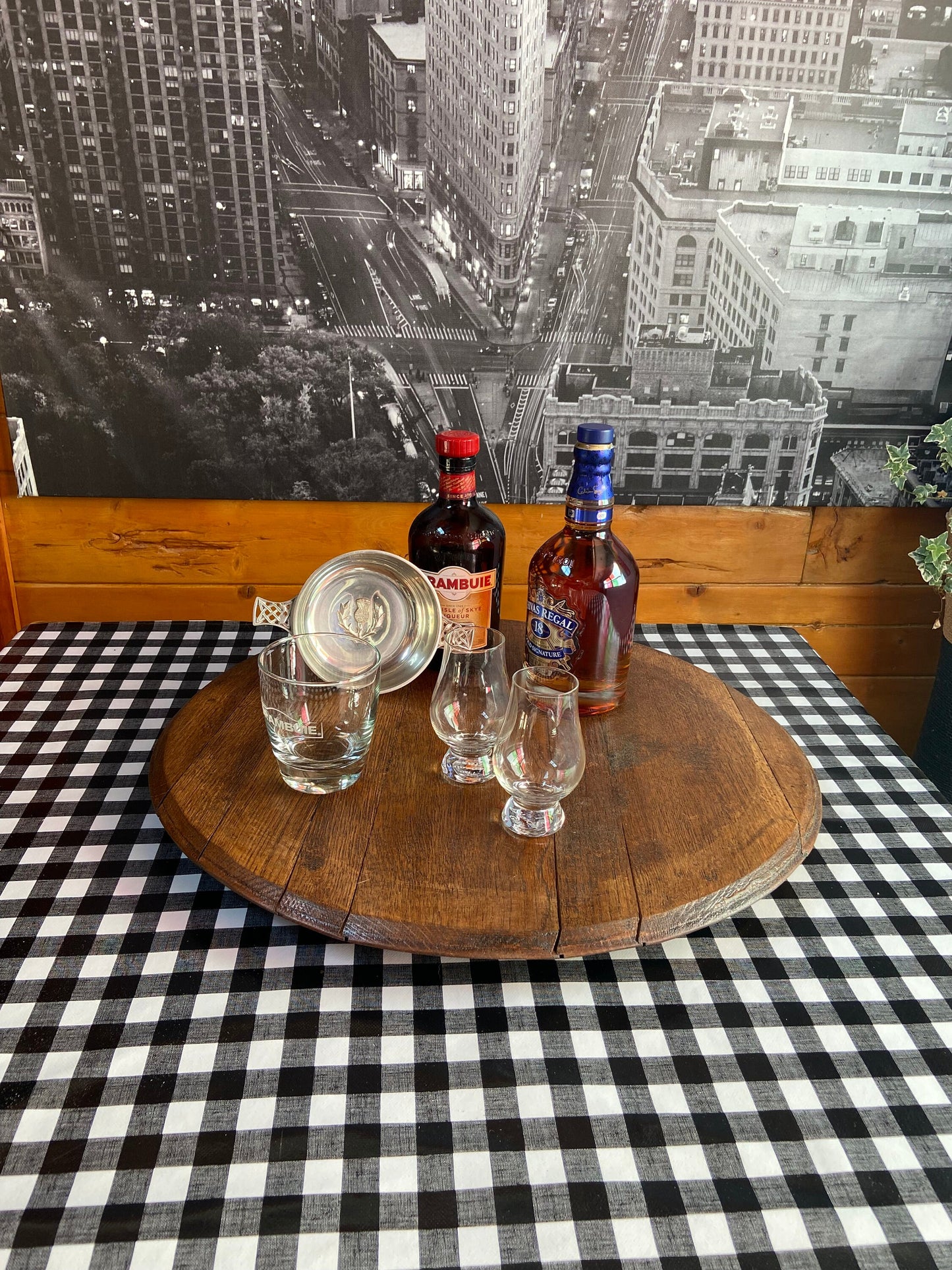 Lazy Susan crafted from genuine whiskey barrel lid, stylish bourbon barrel table center, cheese board, serving platter