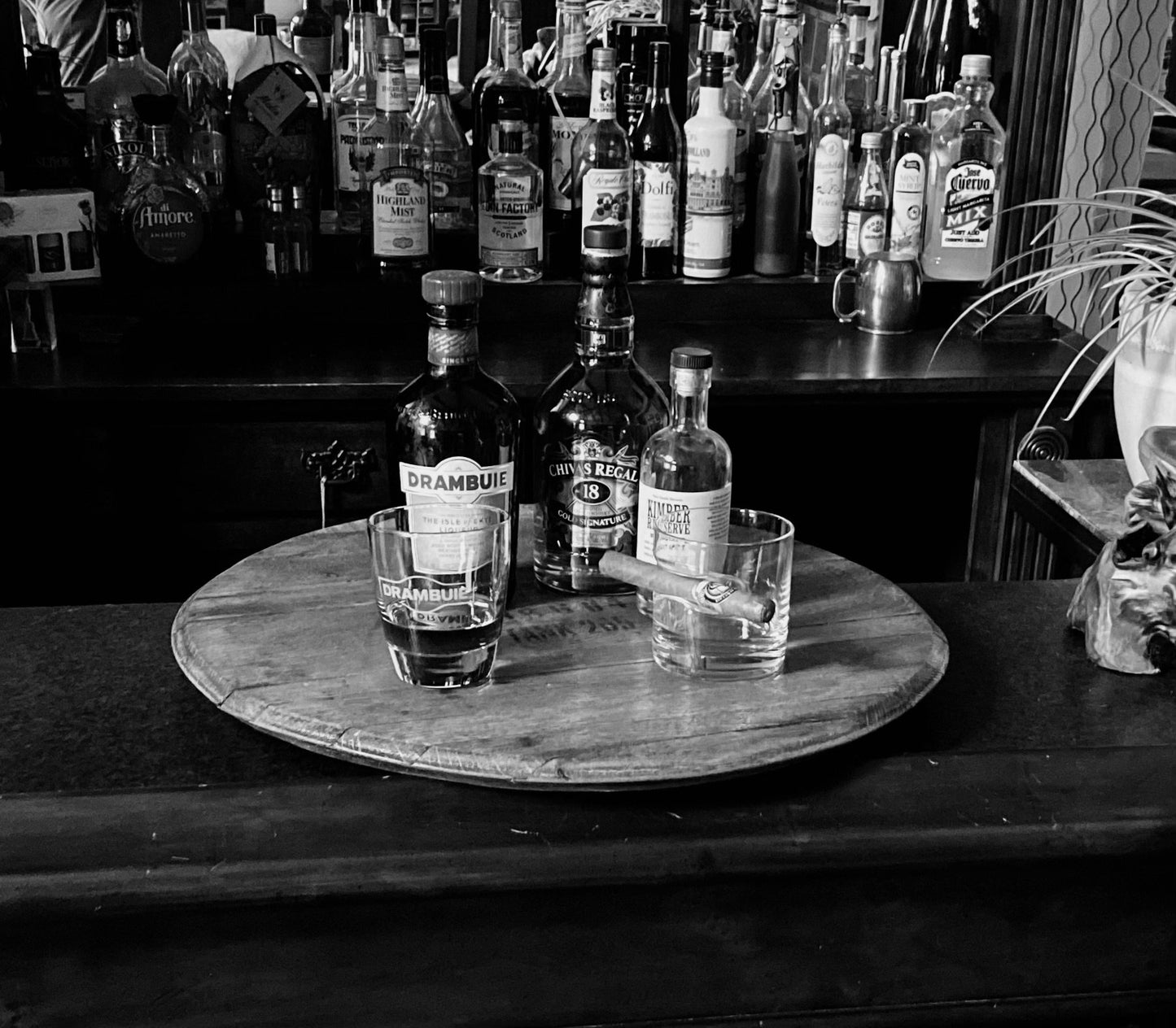 Lazy Susan crafted from genuine whiskey barrel lid, stylish bourbon barrel table center, cheese board, serving platter