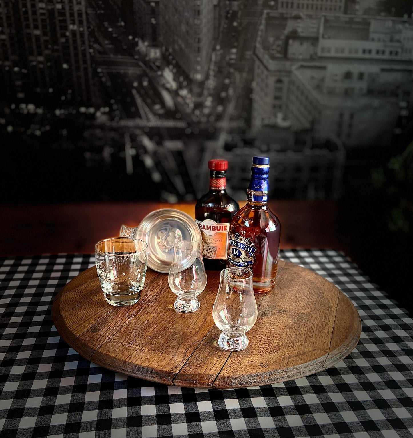 Lazy Susan crafted from genuine whiskey barrel lid, stylish bourbon barrel table center, cheese board, serving platter