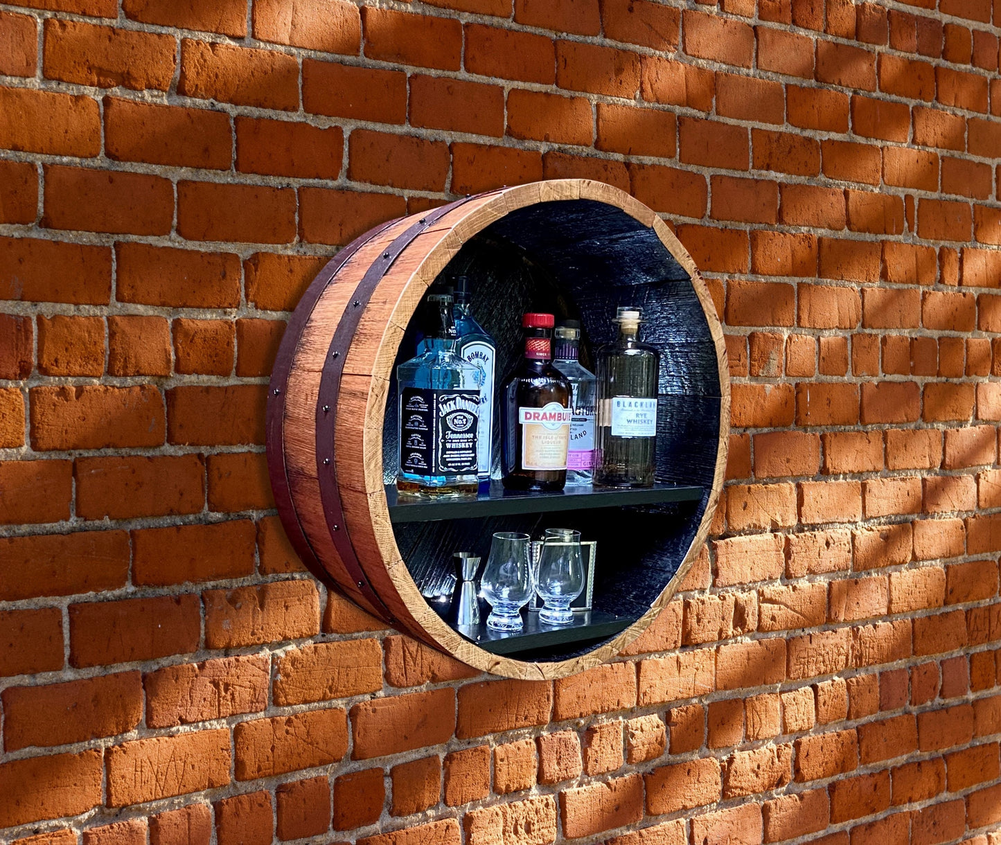 Whiskey Barrel Liquor Display to Showcase your collection, Rustic Elegance from Illuminated Handcrafted Cabinet using Genuine Bourbon barrel