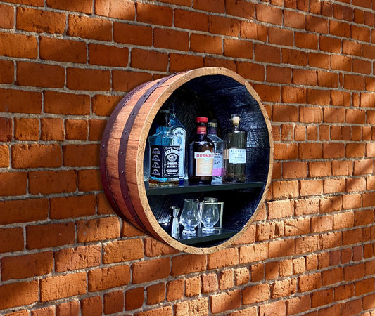 Whiskey Barrel Liquor Display to Showcase your collection, Rustic Elegance from Illuminated Handcrafted Cabinet using Genuine Bourbon barrel