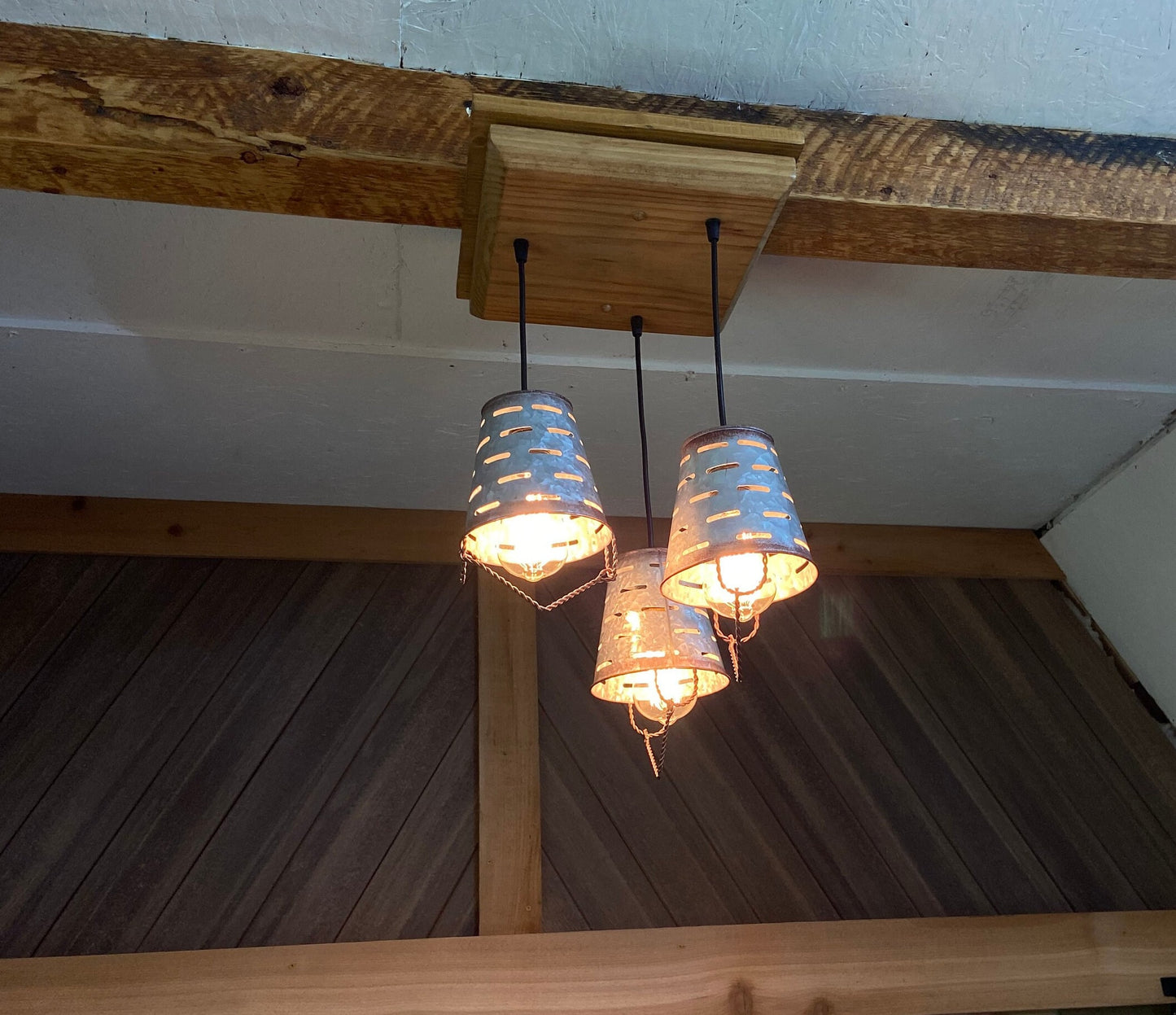 Rustic farmhouse three light fixture with olive bucket shades, wooden ceiling pendant with 3 galvanized metal bucket lights for cabin decor