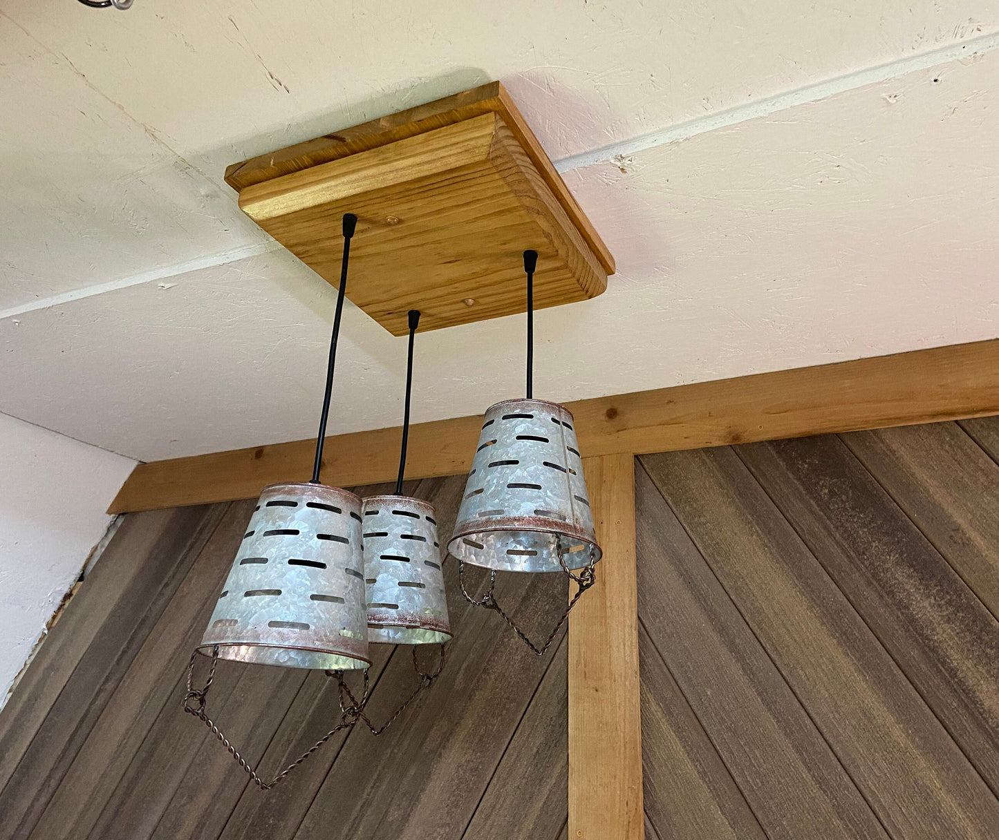 Rustic farmhouse three light fixture with olive bucket shades, wooden ceiling pendant with 3 galvanized metal bucket lights for cabin decor