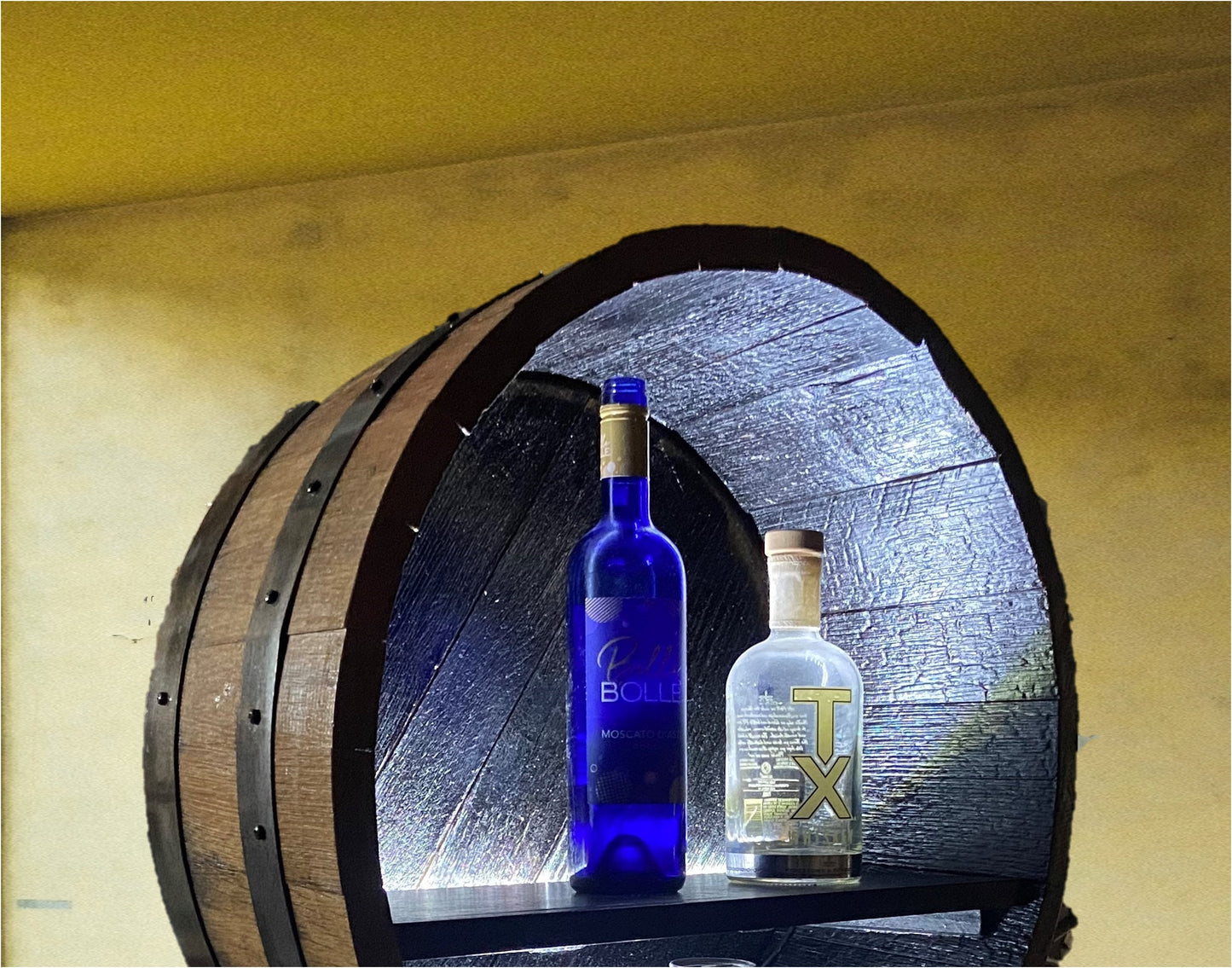 Whiskey Barrel Liquor Display to Showcase your collection, Rustic Elegance from Illuminated Handcrafted Cabinet using Genuine Bourbon barrel