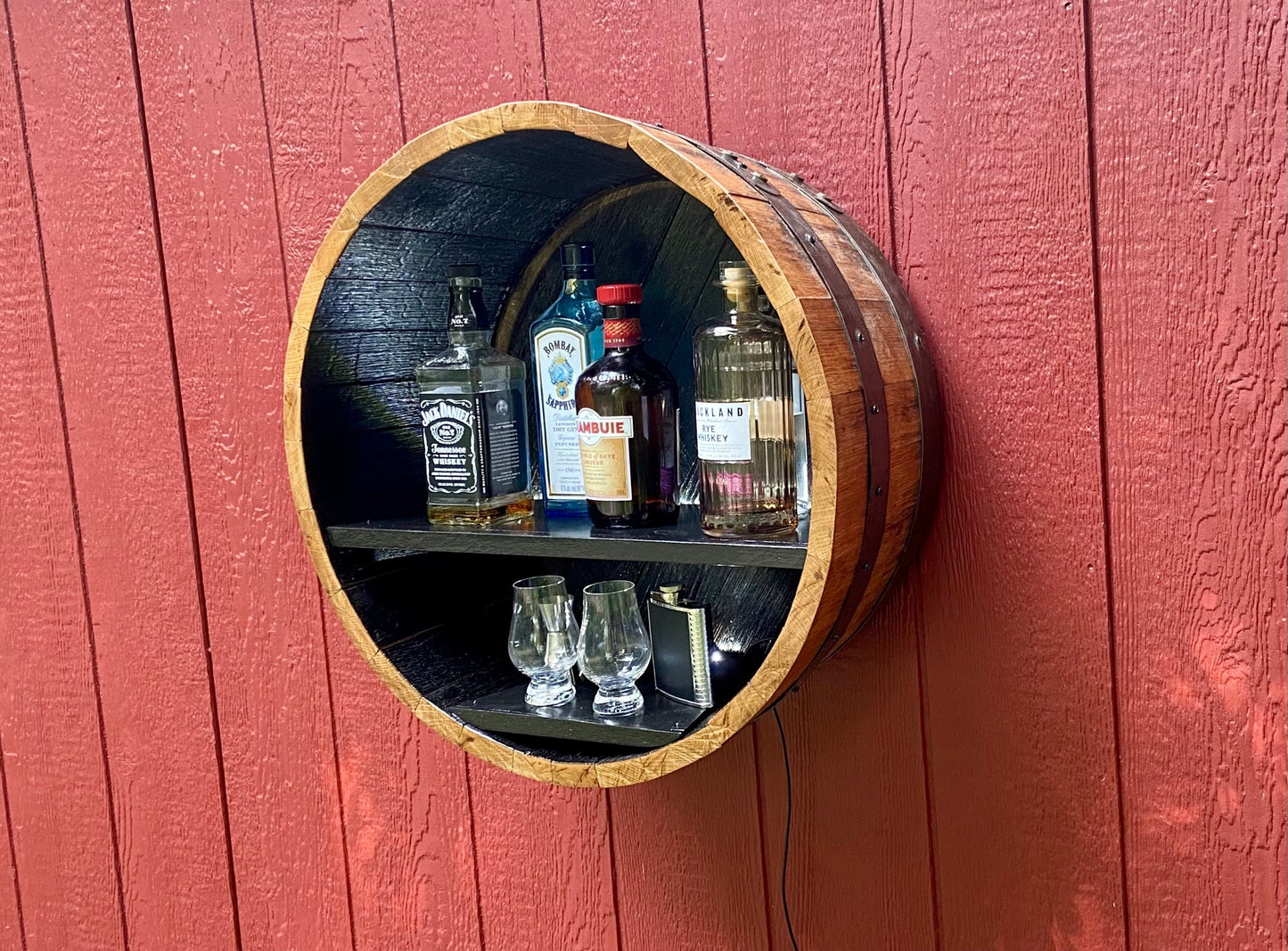 Whiskey Barrel Liquor Display to Showcase your collection, Rustic Elegance from Illuminated Handcrafted Cabinet using Genuine Bourbon barrel