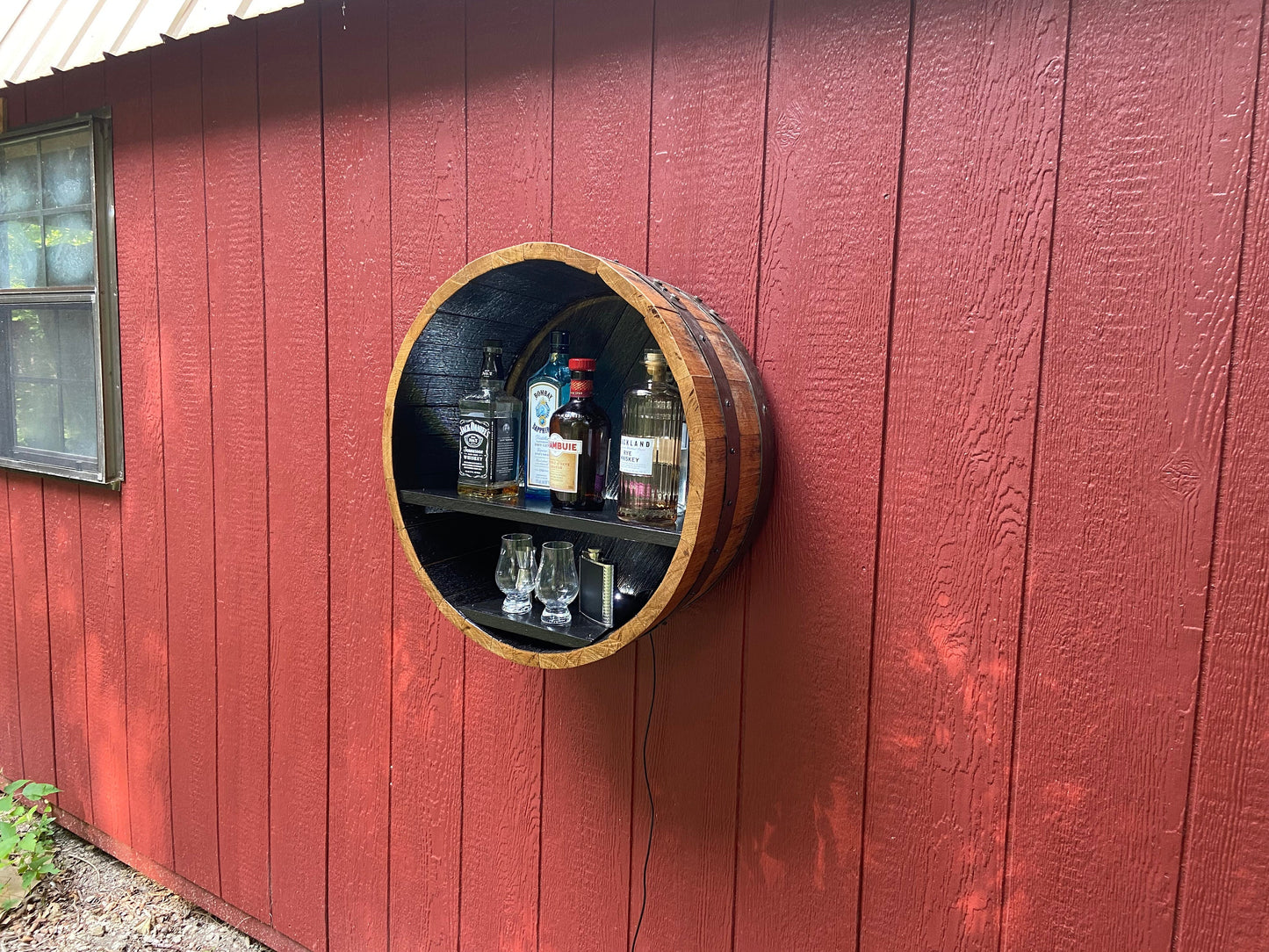 Whiskey Barrel Liquor Display to Showcase your collection, Rustic Elegance from Illuminated Handcrafted Cabinet using Genuine Bourbon barrel