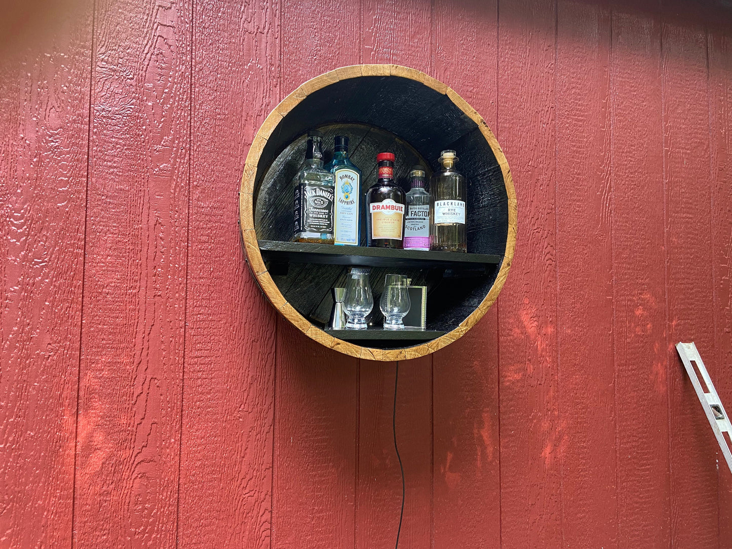 Whiskey Barrel Liquor Display to Showcase your collection, Rustic Elegance from Illuminated Handcrafted Cabinet using Genuine Bourbon barrel