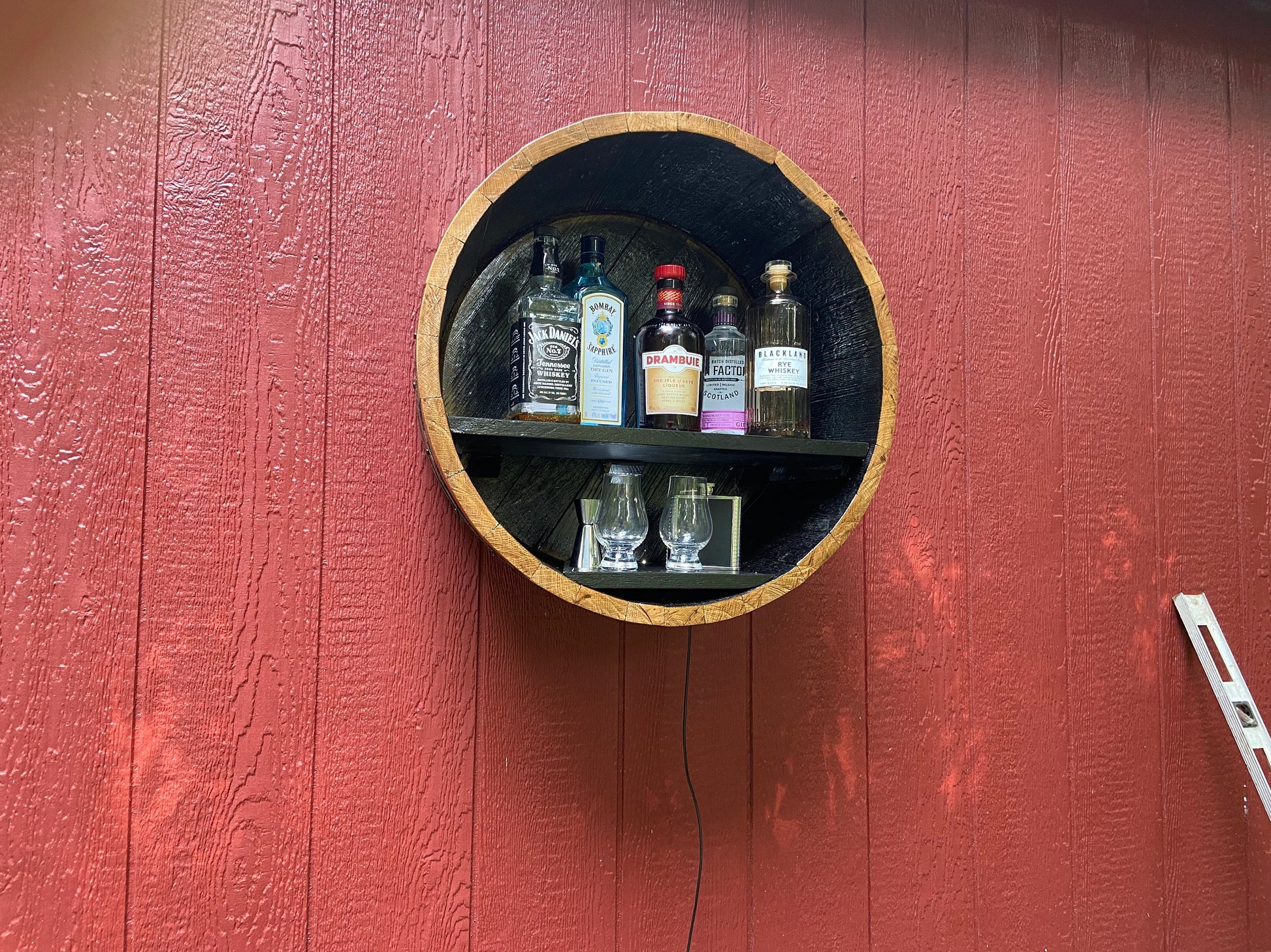 Whiskey Barrel Liquor Display to Showcase your collection, Rustic Elegance from Illuminated Handcrafted Cabinet using Genuine Bourbon barrel