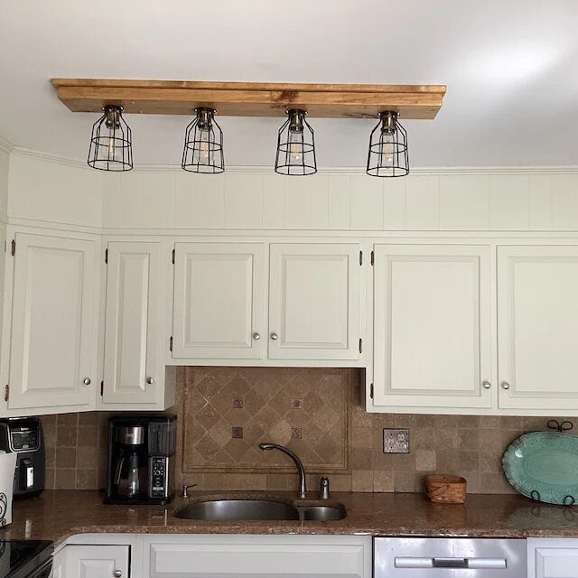 Rustic farmhouse light for country kitchen decor, wooden beam ceiling fixture, strip light replacement with pendant lights, flush mount