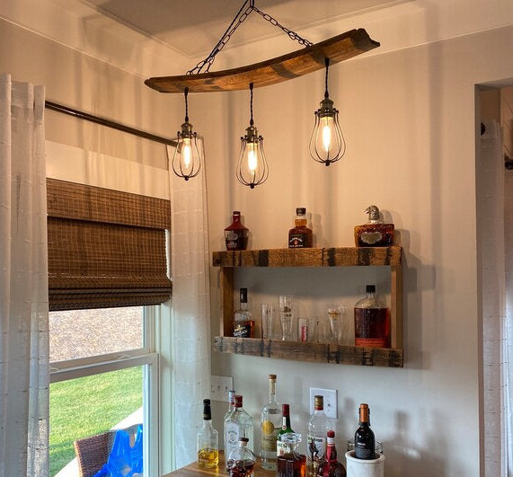 Whiskey barrel chandelier, ideal for mancave or cigar room, unique ceiling pendant from authentic bourbon barrels, adds warmth and character