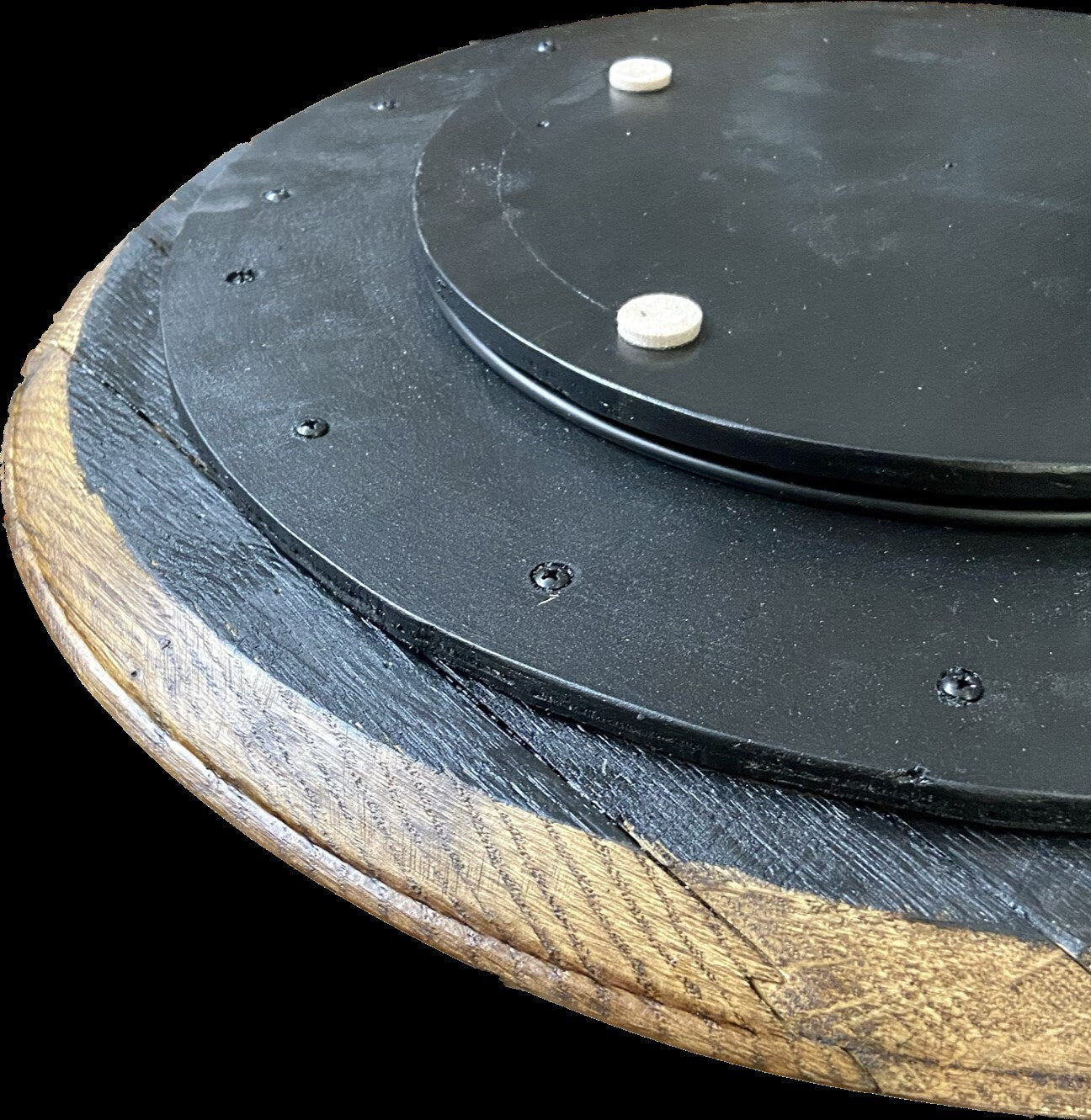 Lazy Susan crafted from genuine whiskey barrel lid, stylish bourbon barrel table center, cheese board, serving platter