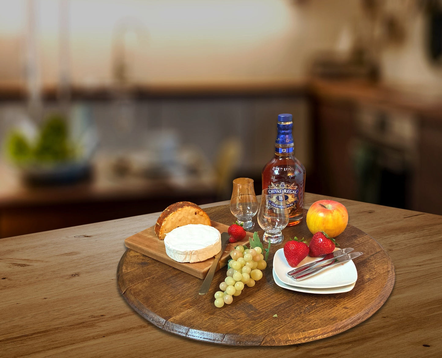 Lazy Susan crafted from genuine whiskey barrel lid, stylish bourbon barrel table center, cheese board, serving platter