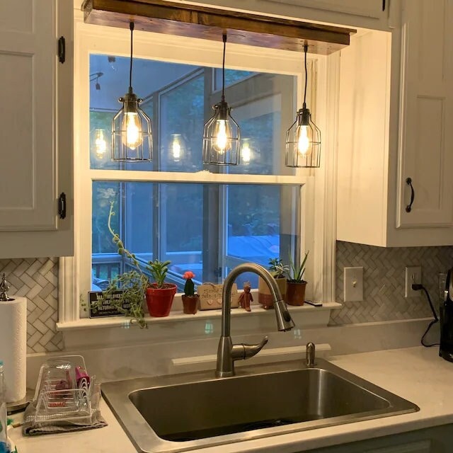 Rustic farmhouse light for country decor, wooden beam ceiling fixture, kitchen strip light replacement with hanging pendant lights