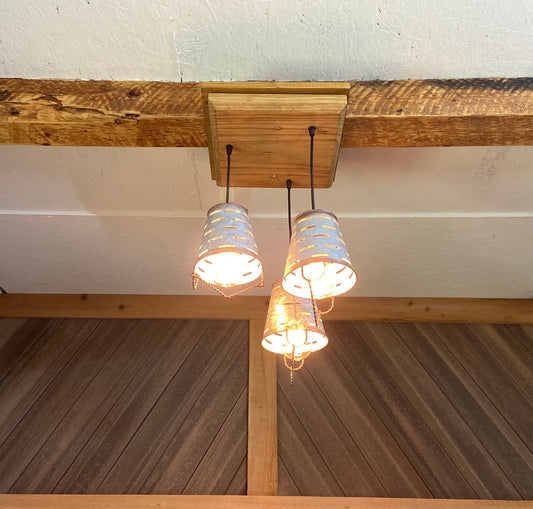 Rustic farmhouse three light fixture with olive bucket shades, wooden ceiling pendant with 3 galvanized metal bucket lights for cabin decor