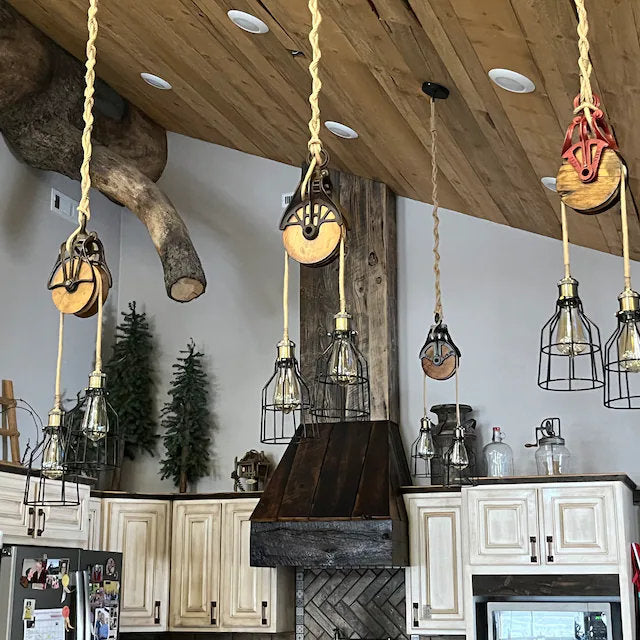 Rustic farmhouse pulley lighting, pendant light with antique pulley for cabin decor, repurposed vintage pulley for kitchen / dining room