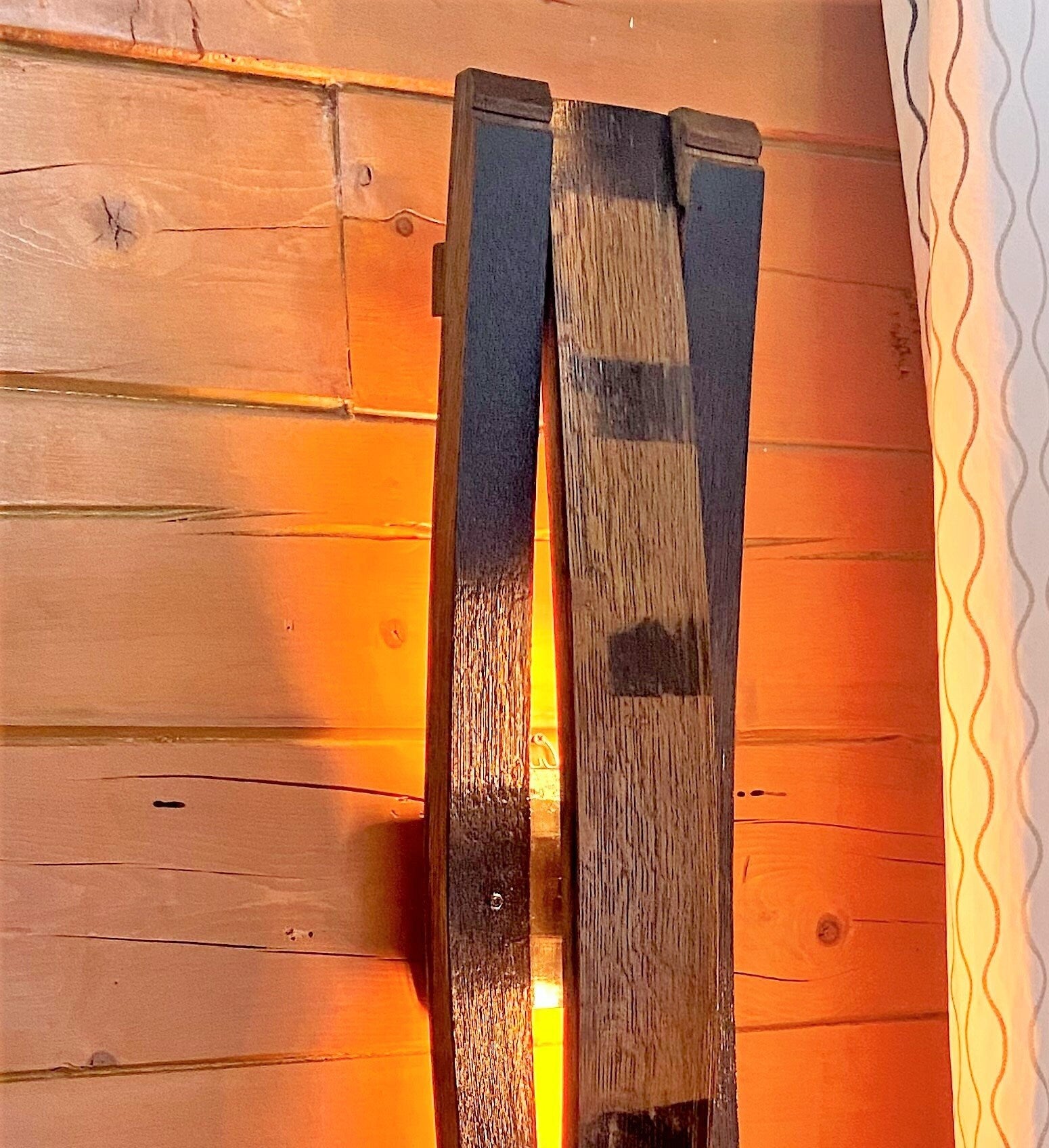 Whiskey barrel stave sconce, rustic lighting for bar room decor, bourbon lovers illuminated wall art perfect for speakeasy or cigar room