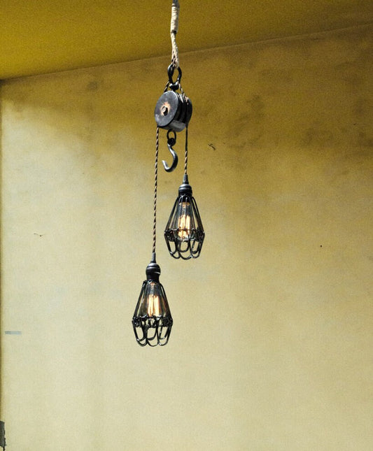 Pendant light for rustic decor, farmhouse kitchen light made with metal pulley, perfect blend of industrial and rustic charm