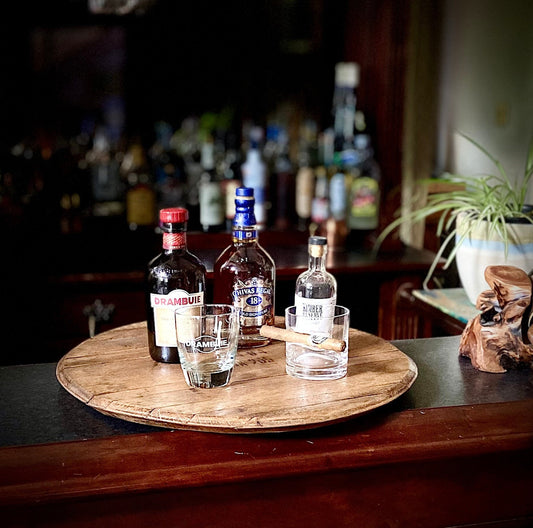 Lazy Susan crafted from genuine whiskey barrel lid, stylish bourbon barrel table center, cheese board, serving platter