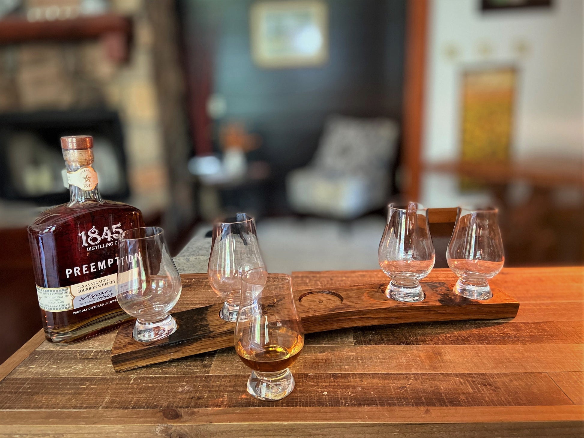 Whiskey flight tray with tasting glasses, handmade from genuine Bourbon barrel staves, the perfect gift for all whiskey connoisseurs.
