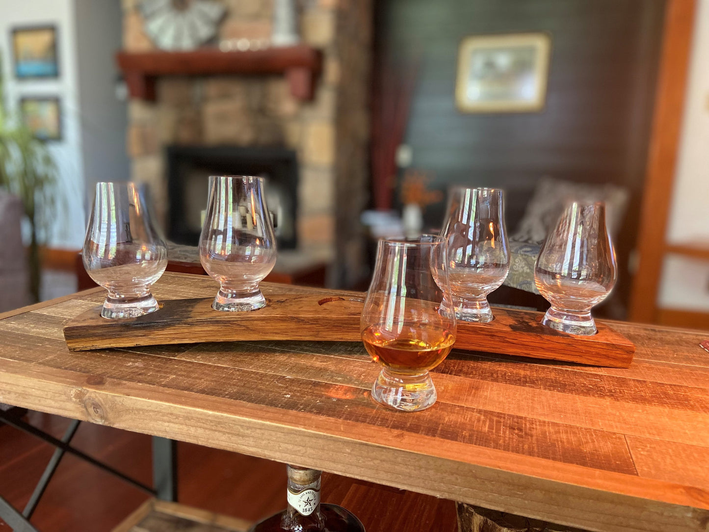 5-light candle holder table display, crafted from genuine whiskey barrel staves, rustic table center