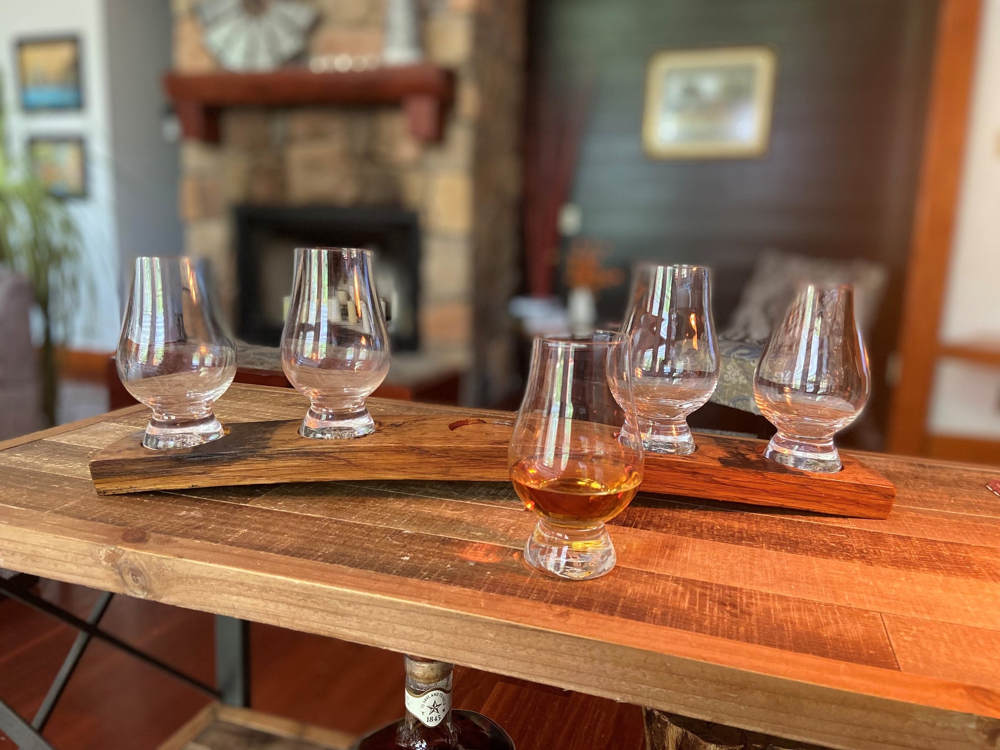 5-light candle holder table display, crafted from genuine whiskey barrel staves, rustic table center