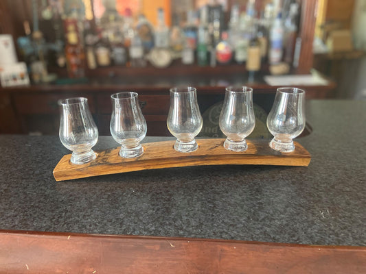 Whiskey flight tray with tasting glasses, handmade from genuine Bourbon barrel staves, the perfect gift for all whiskey connoisseurs.