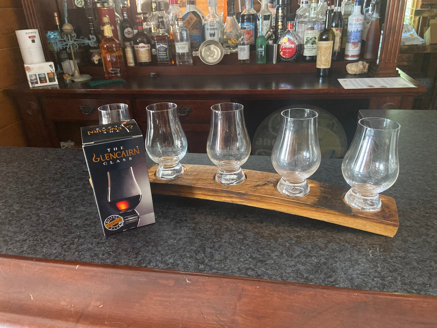 Whiskey flight tray with tasting glasses, handmade from genuine Bourbon barrel staves, the perfect gift for all whiskey connoisseurs.