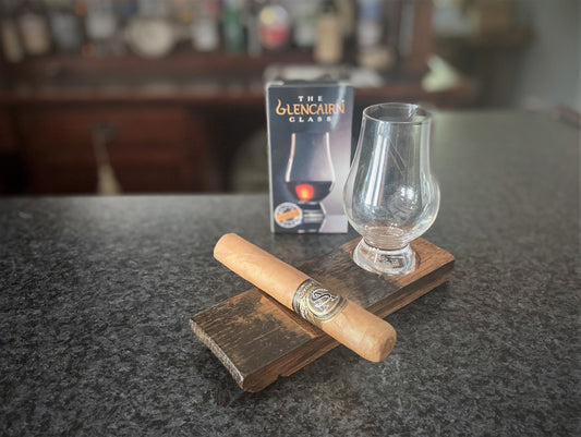 Bourbon barrel cigar and whiskey glass coaster. Genuine oak staves create the perfect gift for the bar or the whiskey lover.