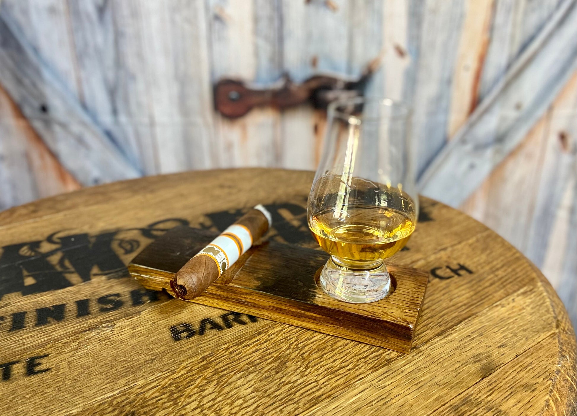 Bourbon barrel cigar and whiskey glass coaster. Genuine oak staves create the perfect gift for the bar or the whiskey lover.