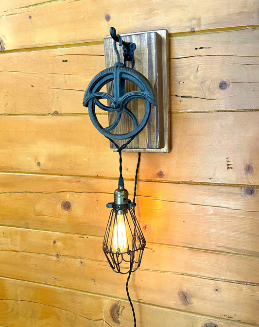 Wall sconce with vintage style pulley, charming light fixture for farmhouse decor, bar or cigar room gift for him