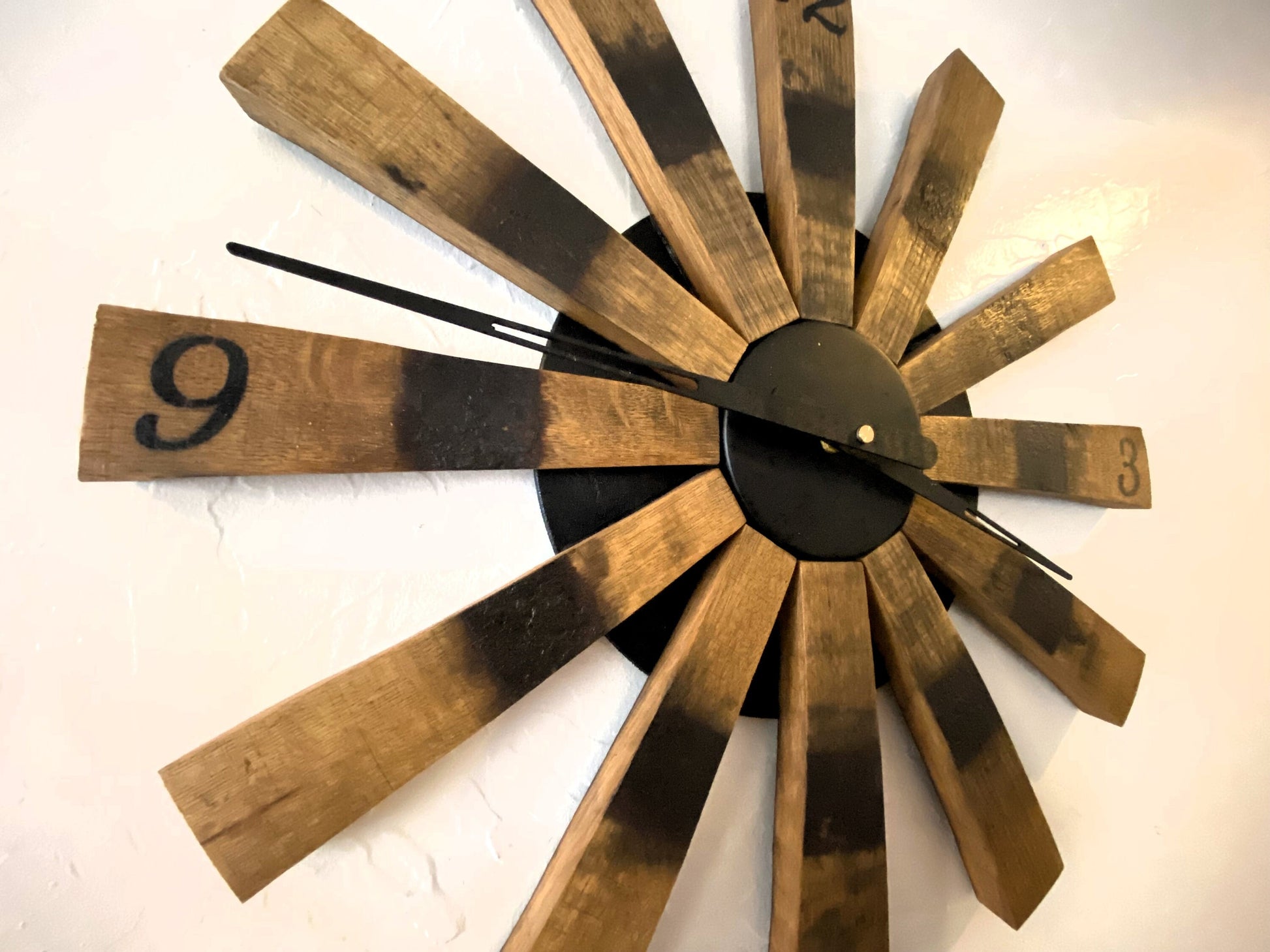 Handcrafted bourbon barrel clock made from retired whiskey barrel staves. Unique statement piece, an ideal gift for the whiskey lover