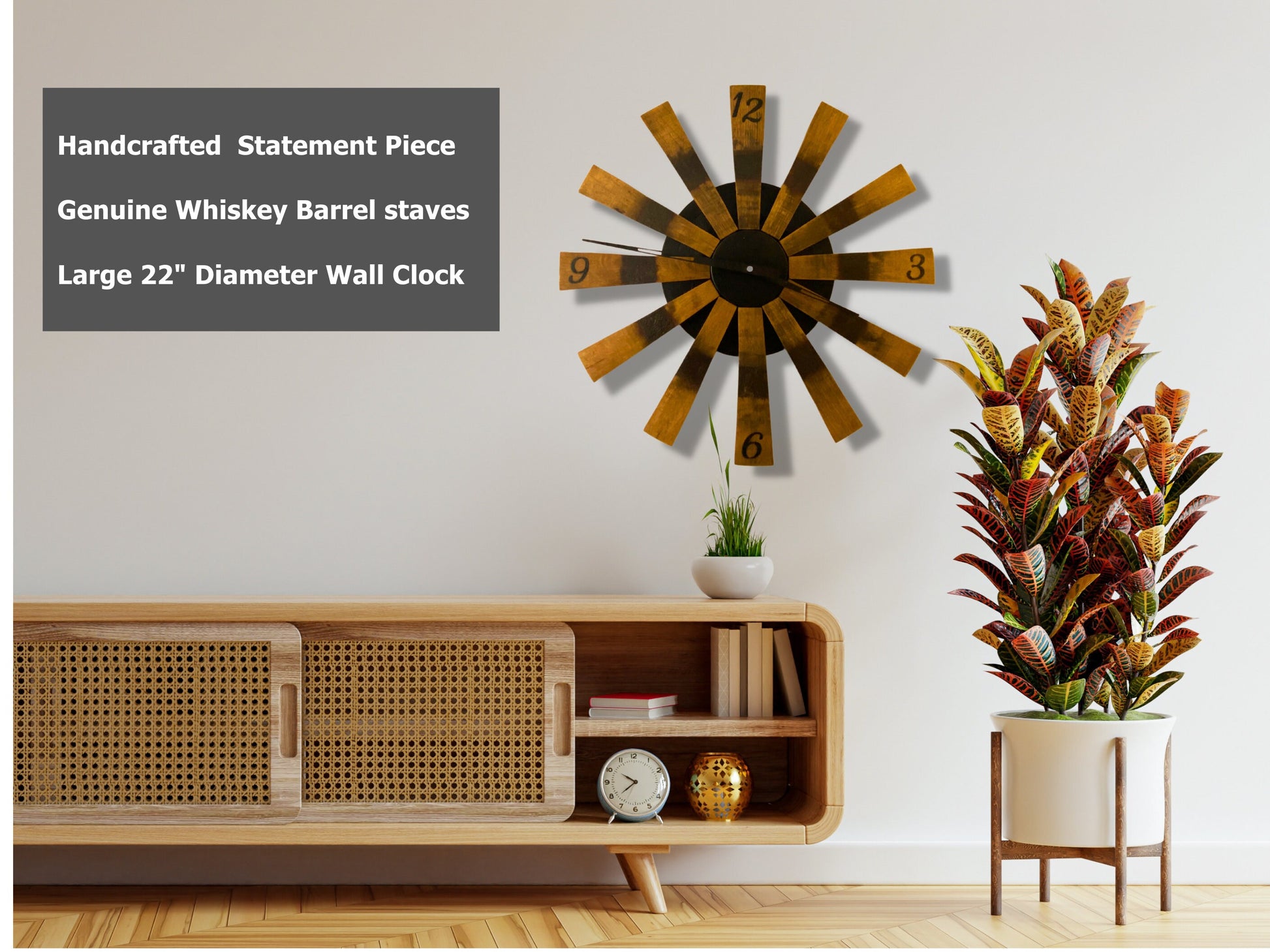 Handcrafted bourbon barrel clock made from retired whiskey barrel staves. Unique statement piece, an ideal gift for the whiskey lover