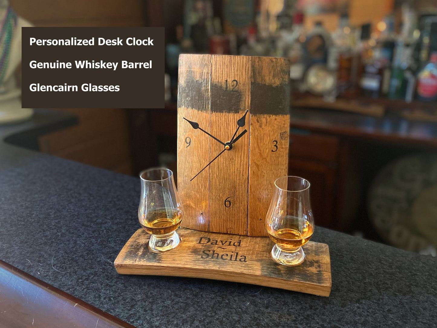 Personalized Bourbon barrel clock and Glencairn glass flight holder. Celebrate your love and timeless memories, unique Whiskey inspired gift
