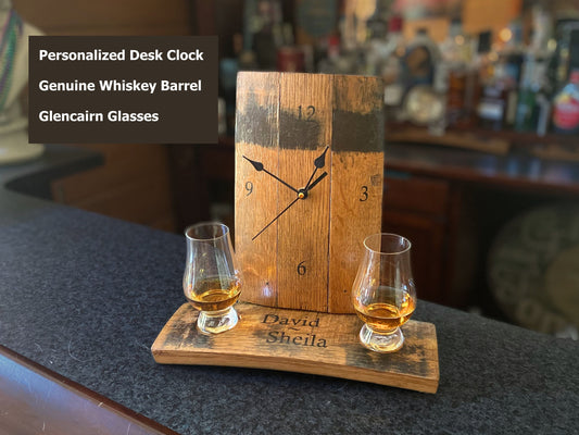Personalized Bourbon barrel clock and Glencairn glass flight holder. Celebrate your love and timeless memories, unique Whiskey inspired gift