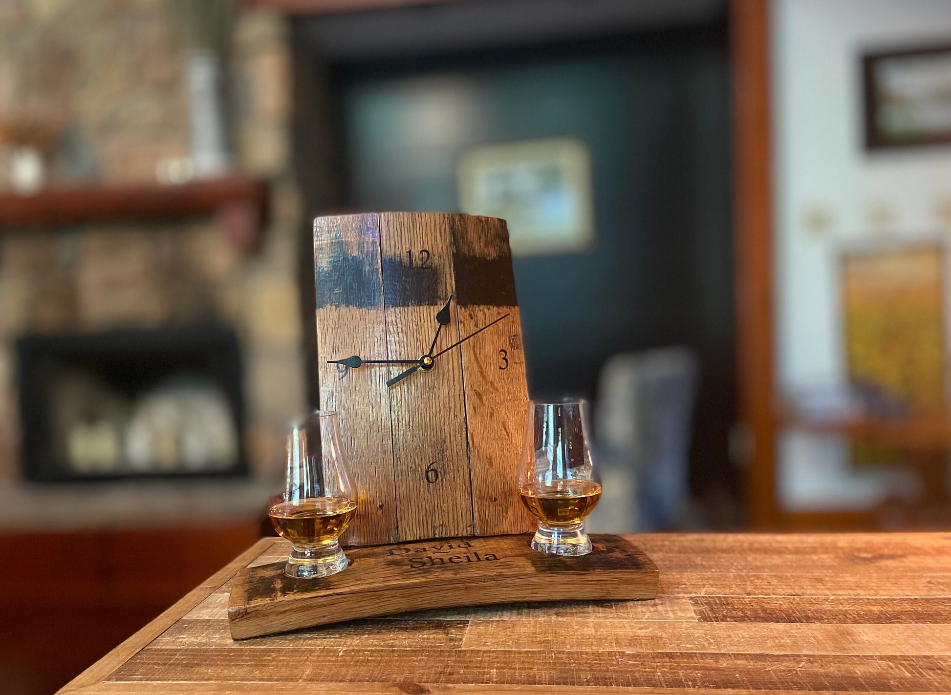 Personalized Bourbon barrel clock and Glencairn glass flight holder. Celebrate your love and timeless memories, unique Whiskey inspired gift