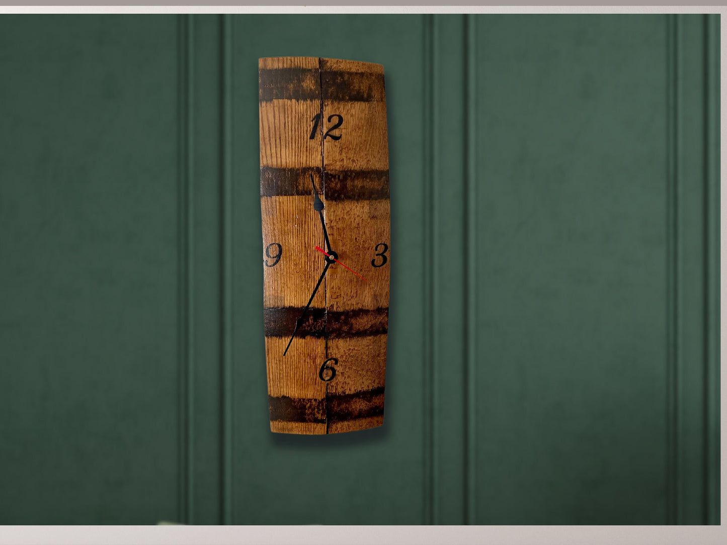 Bourbon barrel wall clock repurposed from whiskey barrel staves, rustic handcrafted wall clock. Ideal gift for the whiskey lover.