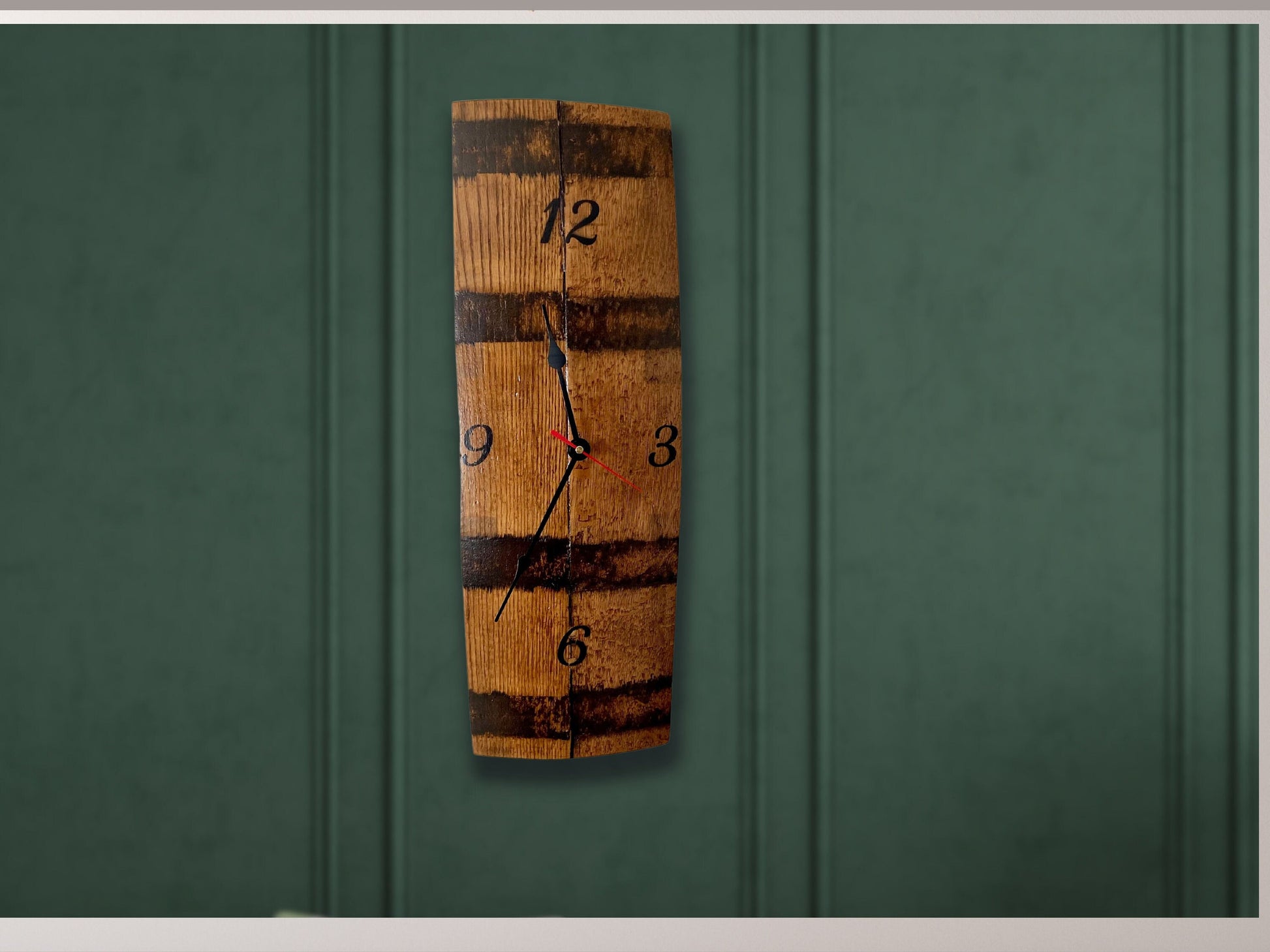 Bourbon barrel wall clock repurposed from whiskey barrel staves, rustic handcrafted wall clock. Ideal gift for the whiskey lover.