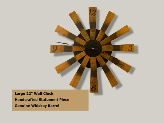 Handcrafted bourbon barrel clock made from retired whiskey barrel staves. Unique statement piece, an ideal gift for the whiskey lover
