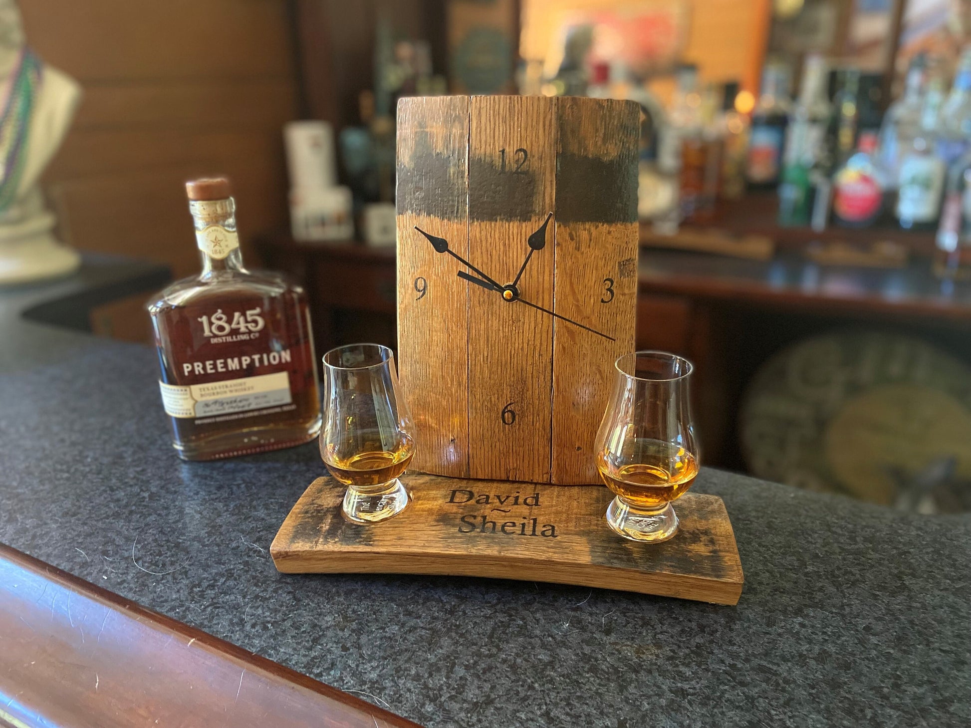 Personalized Bourbon barrel clock and Glencairn glass flight holder. Celebrate your love and timeless memories, unique Whiskey inspired gift