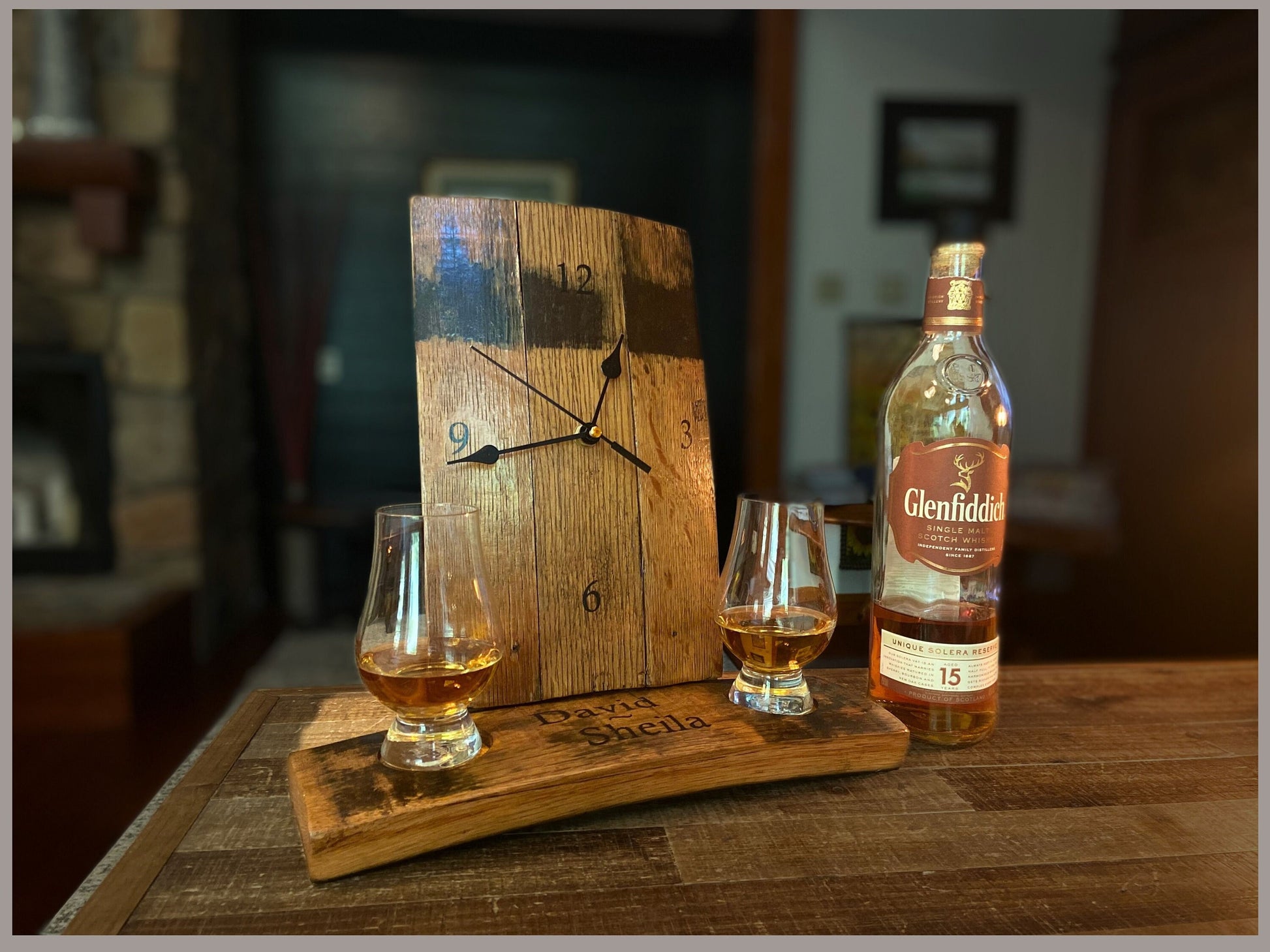 Personalized Bourbon barrel clock and Glencairn glass flight holder. Celebrate your love and timeless memories, unique Whiskey inspired gift