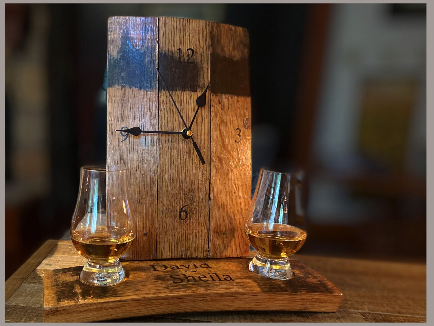 Personalized Bourbon barrel clock and Glencairn glass flight holder. Celebrate your love and timeless memories, unique Whiskey inspired gift