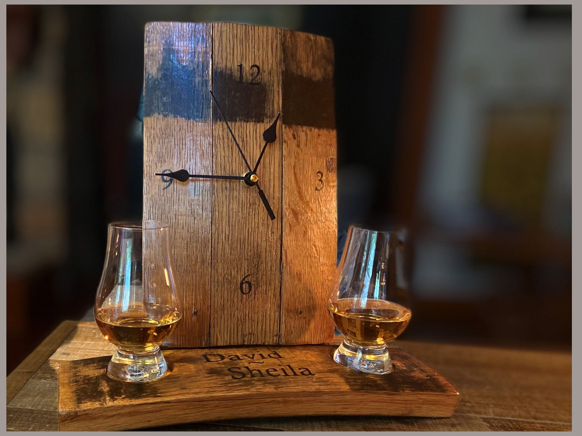 Personalized Bourbon barrel clock and Glencairn glass flight holder. Celebrate your love and timeless memories, unique Whiskey inspired gift