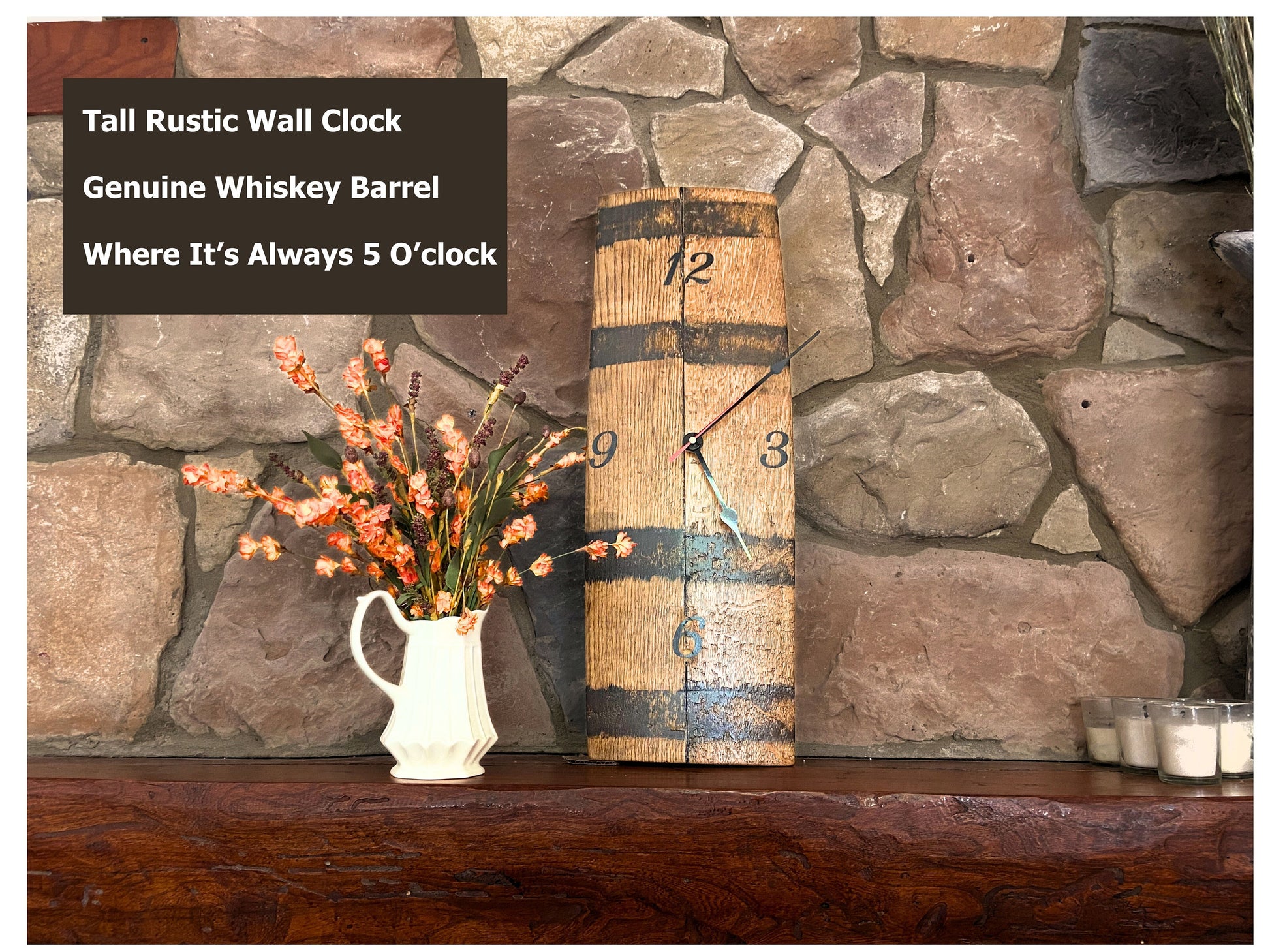 Bourbon barrel wall clock repurposed from whiskey barrel staves, rustic handcrafted wall clock. Ideal gift for the whiskey lover.